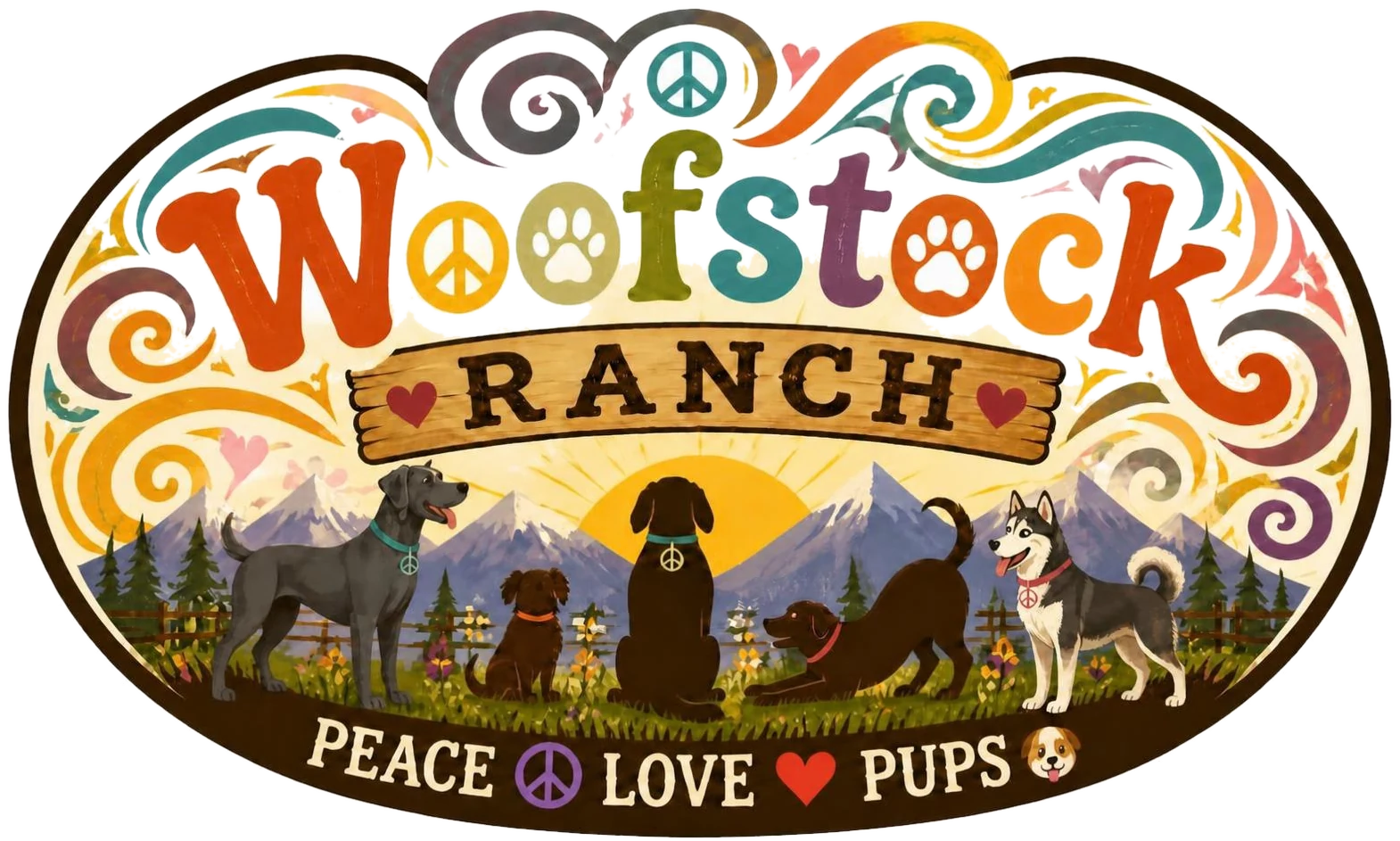 Woofstock Ranch badge: a husky and a great dane in front of Colorado mountains, Peace Love Pups